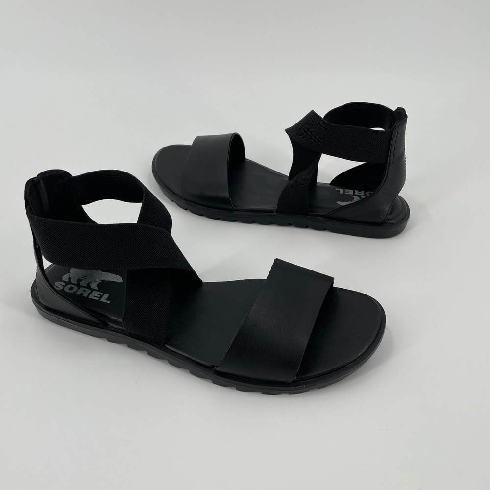 Sorel Ella II Ankle Strap Sandals‎ Black Leather Stretch Chevron Size 7.5 - Picture 4 of 9